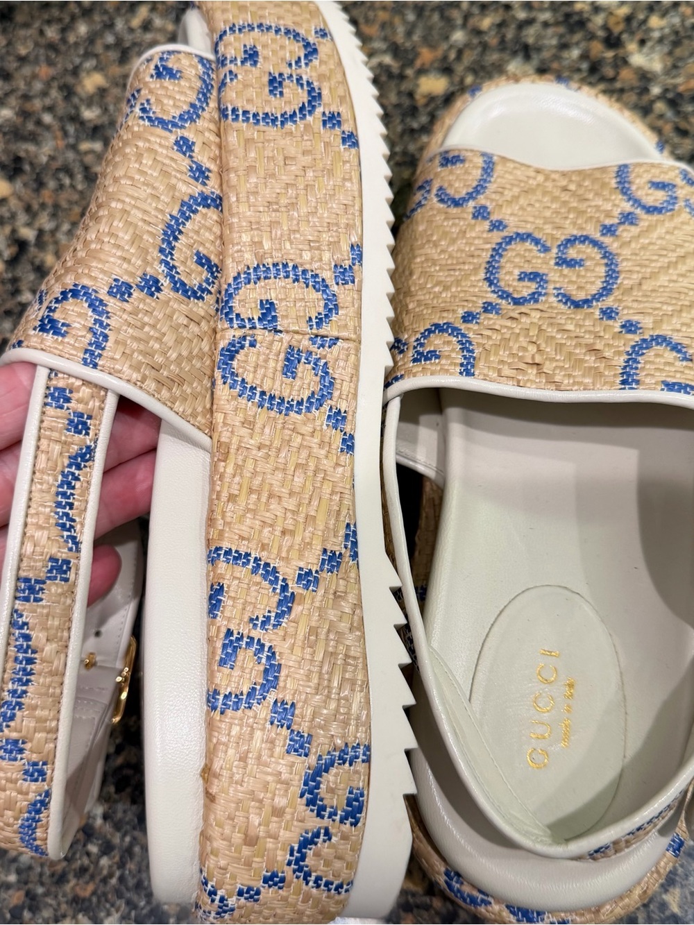 Gucci Beige Raffia Platform Sandals with Blue GG Motif 38.5 - Picture 2 of 7